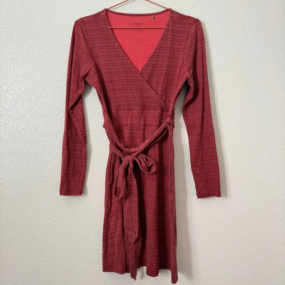 Toad & Co Cue Wrap Dress Long Sleeve Red Striped Print Side Pockets